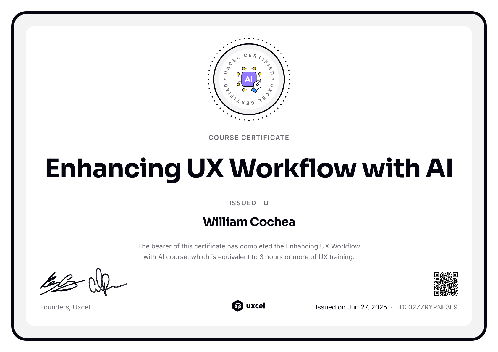 William Cochea's certificate